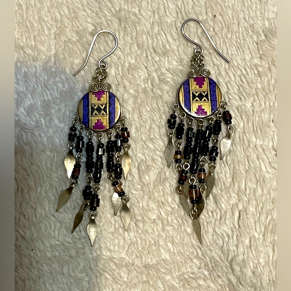 Southwest AZTEC Painted Earrings Beaded Native American BOHO  Vintage